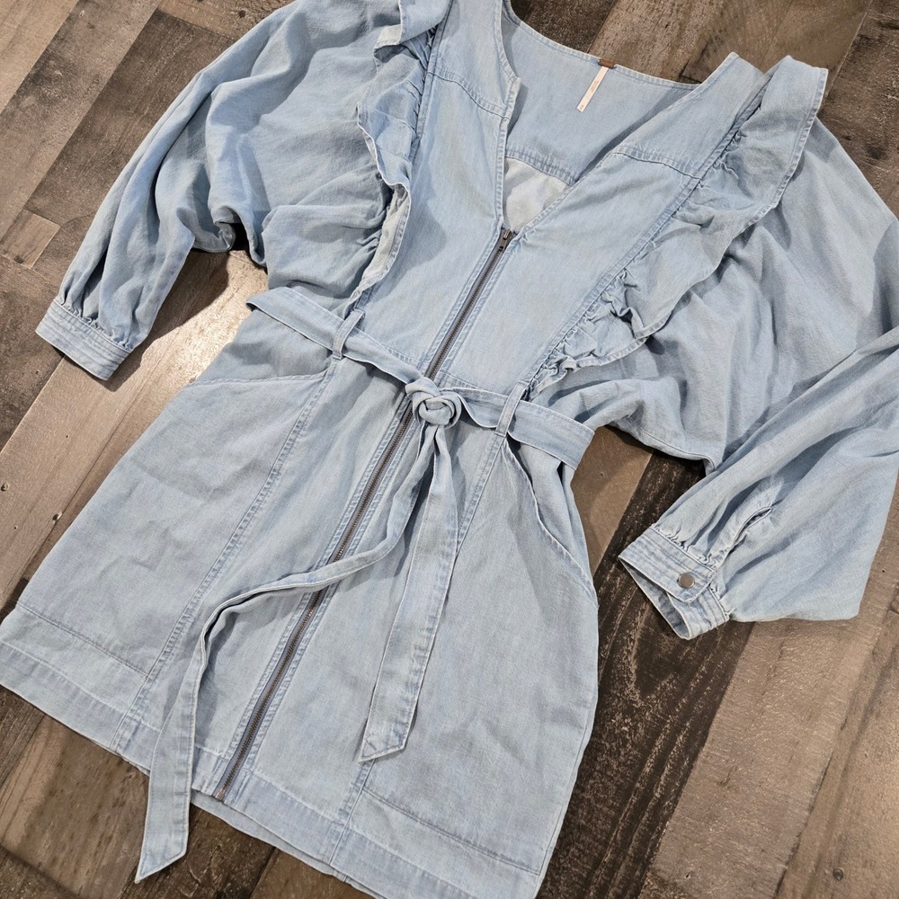 Free People Imogene Denim Mini Dress Ruffle Zip Front Chambray Blue Womens Med